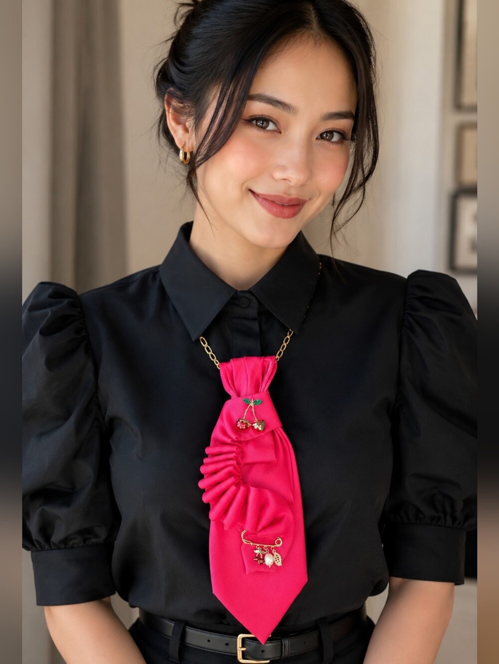 Statement Satin Cherry Pin Tie Necklace in Fuchsia With Subtle Gold Shimmer.